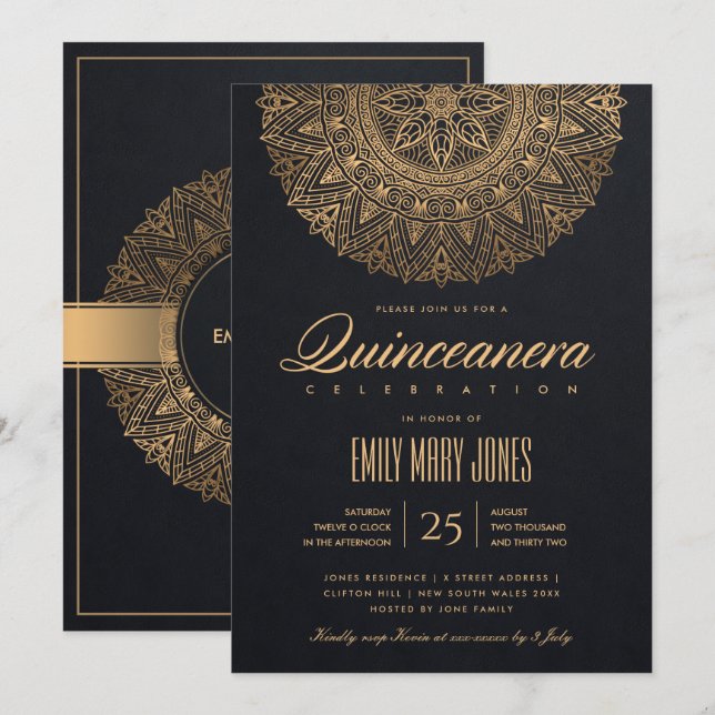 INVITATION LUXE OR NOIR CLASSIQUE ORNATE MANDALA QUINCEANERA (Devant / Derrière)
