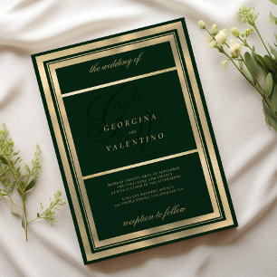 Invitation Luxe or vert foncé monogramme initiales mariage