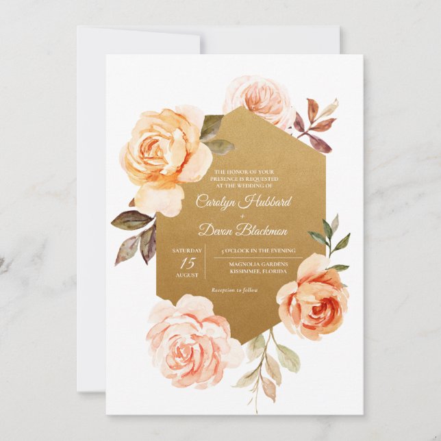 Invitation Luxe Peach Summer Automne Gold Floral Mariage (Devant)