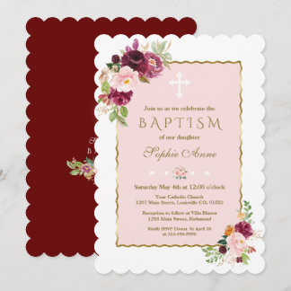 Invitation Luxe Pink Bourgogne Fleurs safran Or Baptême