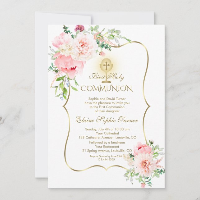 Invitation Luxe Printemps Blush Floral Or Sainte Communion (Devant)