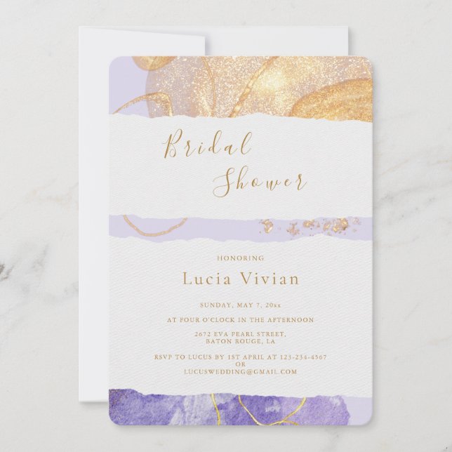 Invitation Luxe Purple & Fête des mariées Abstraite Dorée (Devant)