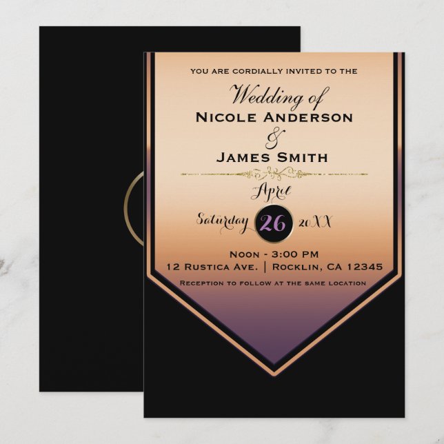 Invitation Luxe Purple & Gold Shine Classy Mariage (Devant / Derrière)