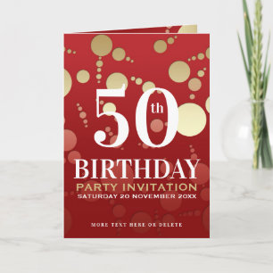 Invitation Luxe Red Gold 50e fête d'anniversaire plié