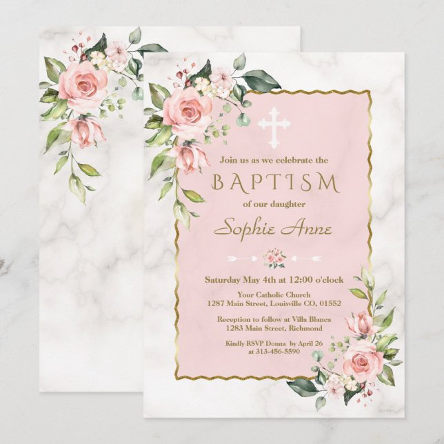 Invitation Luxe rose Fleurs blanches en or Marbre Baptême (Devant / Derrière)