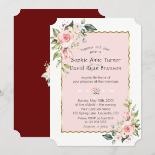 Invitation Luxe rose Fleurs blanches Mariage Gold Frame