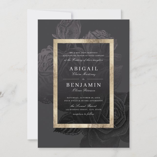Invitation Luxe rose or noir vintage mariage botanique (Devant)