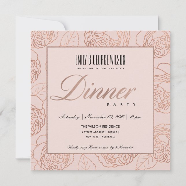 INVITATION LUXE ROSE PÂLE OR ROSE GOLD FLEUR DÉCOR SOIRÉE (Devant)