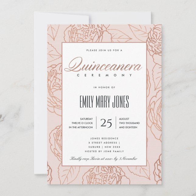 INVITATION LUXE ROSE ROSE ROSE ROSE OR FLORAL QUINCEANERA (Devant)