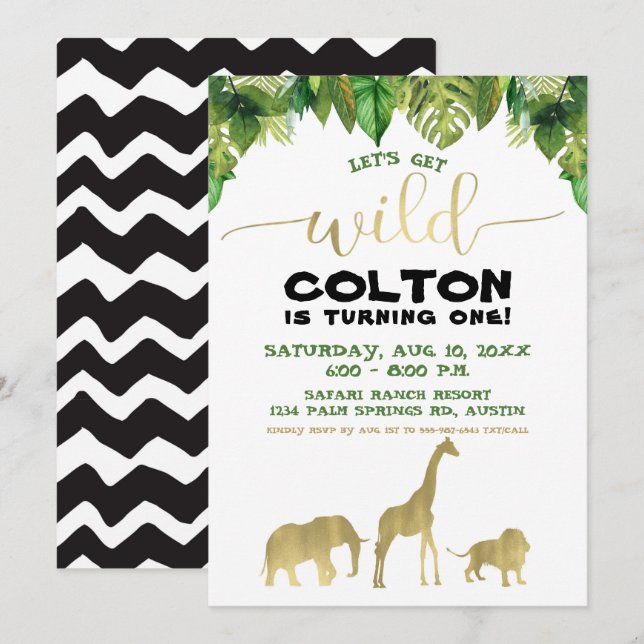 Invitation Luxe Safari Jungle Anniversaire Moderne Wild One (Devant / Derrière)
