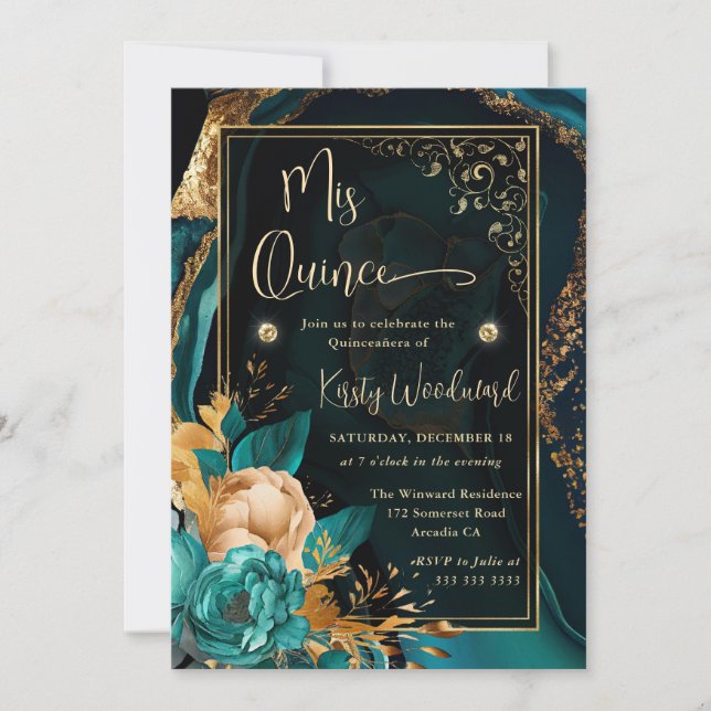 Invitation Luxe Turquoise et or Floral Agate Quinceanera (Devant)