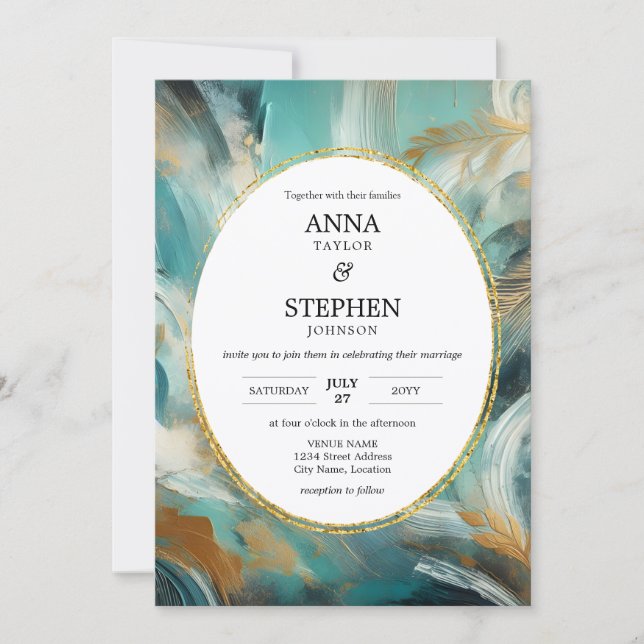 Invitation Luxe Turquoise Gold Brushstroke Wedding (Devant)
