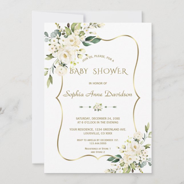 Invitation Luxe White Cream Flowers Gold Baby shower (Devant)