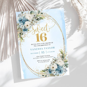Invitation Luxueuse Fleurs Bleu Poussiéreux pour S
