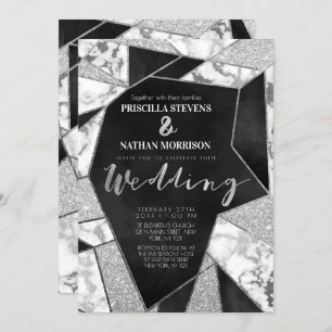 Invitation Luxueuse Parties scintillant noire en argent Maria