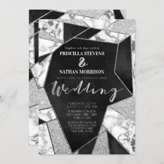 Invitation Luxueuse Parties scintillant noire en argent Maria