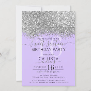 Invitation Luxueux argent violet pailleté confettis doux 16