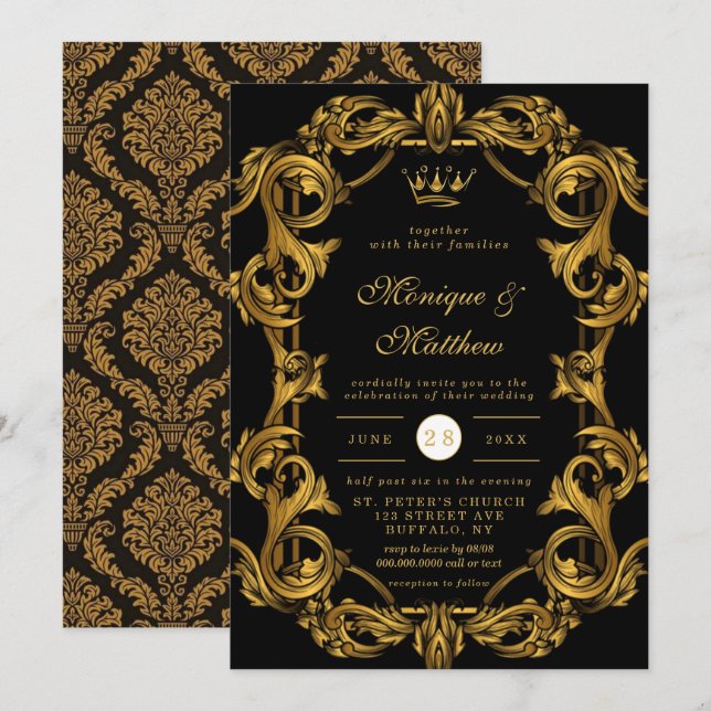 Invitation Luxueux Art Nouveau Black Gold Royal Mariage (Devant / Derrière)