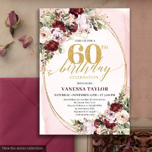 Invitation Luxueux Boho Bourgogne Or Floral 60e Anniversaire 