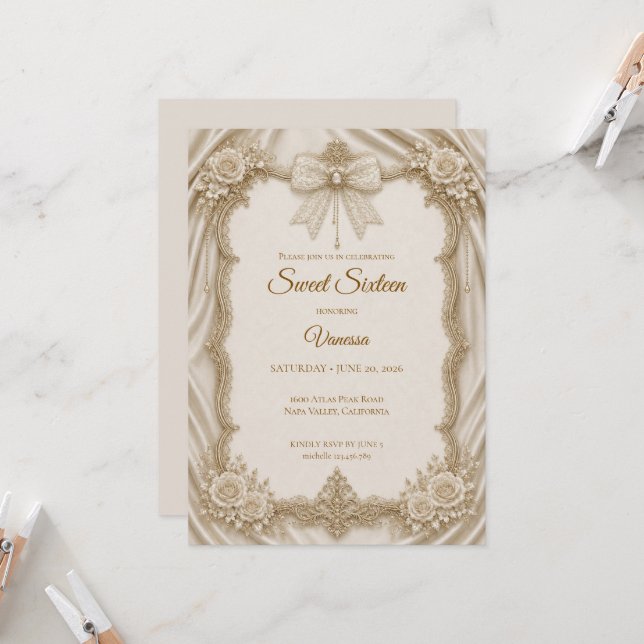 Invitation Luxueux Bow Doré Ivoire Sweet 16 (Devant/Arrière en situation)