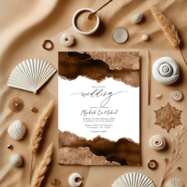 Invitation Luxueux Brown & Or Agate Mariage QR Code Rsvp (Luxurious Brown & Gold Agate Wedding QR Code Rsvp Invitation)