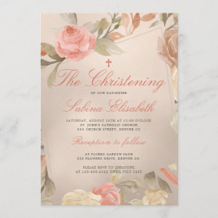 Invitation Luxueux Crème de Pêche Dorée Floral Christening