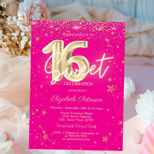 Invitation Luxueux Diamants Dorés Étoiles Rose Sweet 16