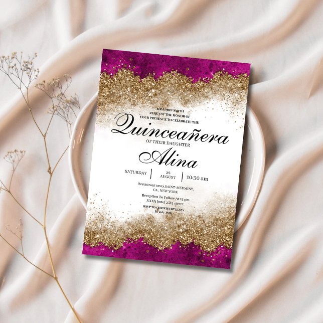 Invitation Luxueux Fuchsia Hot Pink & Gold Quinceañera (Créateur téléchargé)