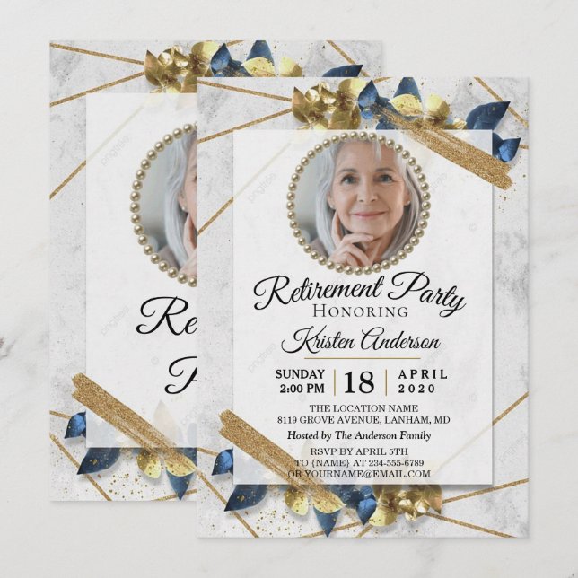 Invitation Luxueux Gold et Blue Ribbon Retraite Party (Devant / Derrière)