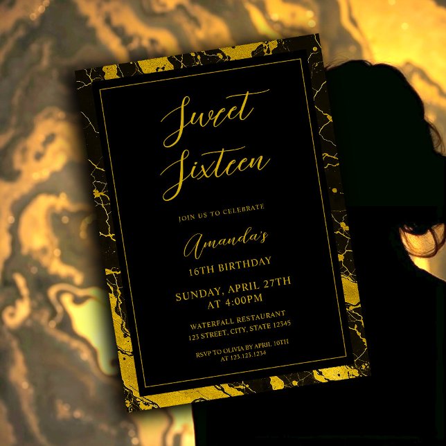 Invitation Luxueux Marbre Noir & Or Sweet 16 Anniversaire (Créateur téléchargé)
