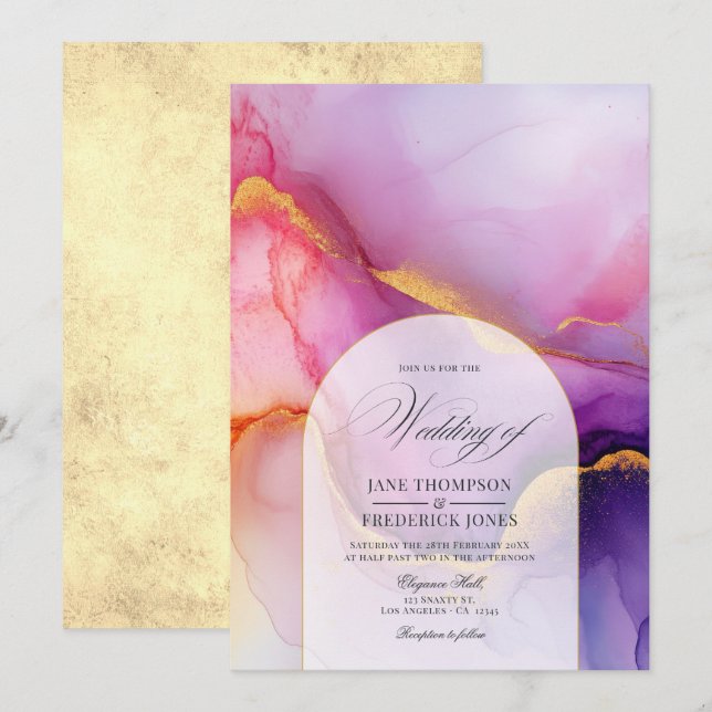 Invitation Luxueux Mariage de couleur violet et d'encre or (Devant / Derrière)