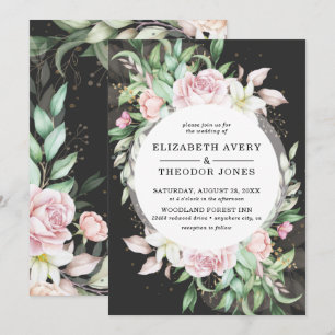 Invitation Luxueux Mariage Floral noir et rose
