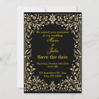 Invitation Luxueux mariage scandinave noir et or Rosemaling