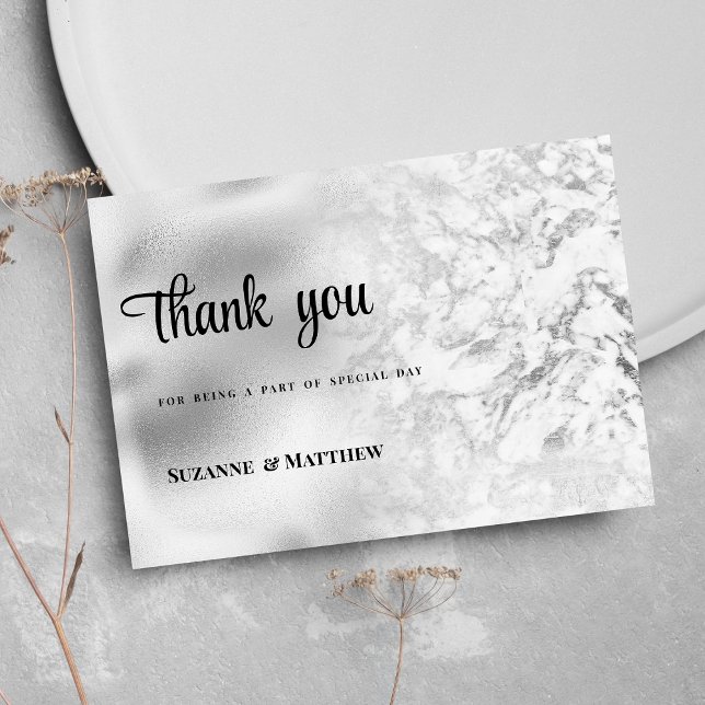 Invitation Luxueux Merci gris blanc argenté (Luxurious gray white silver marble Thank You )