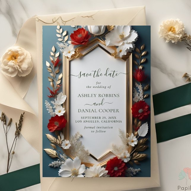Invitation Luxueux motif floral Partir doré Enregistrer la da (Créateur téléchargé)