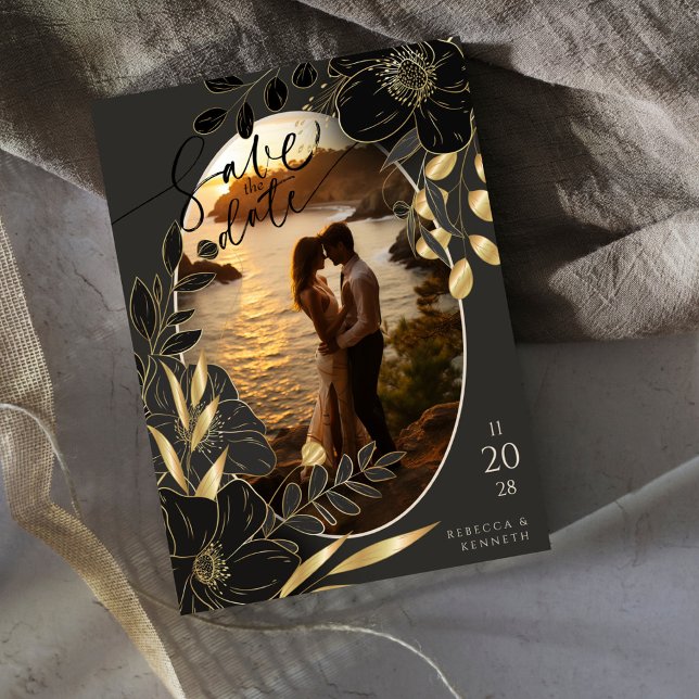 Invitation Luxueux Or Floral Chic Deux Photo Enregistrer La D (Créateur téléchargé)