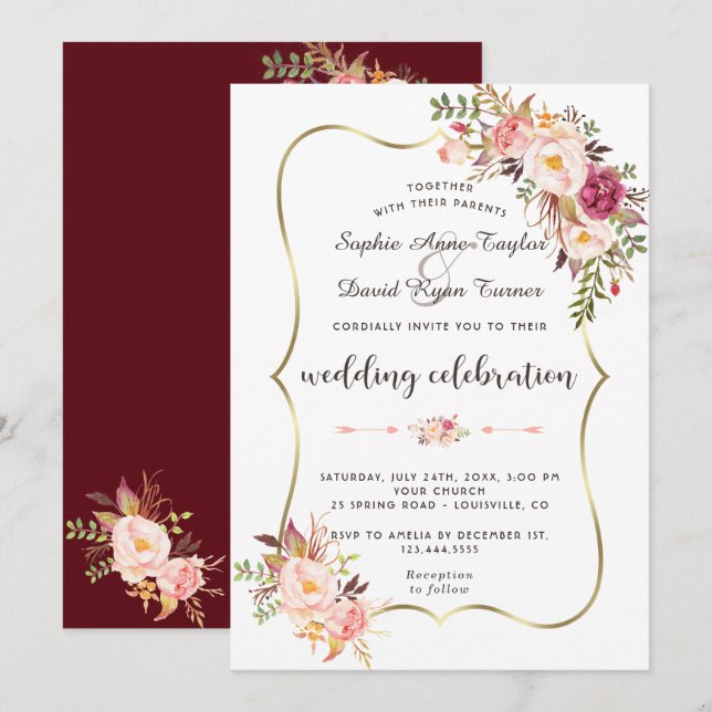 Invitation Luxueux or rose rose floral Mariage bordeaux (Devant / Derrière)