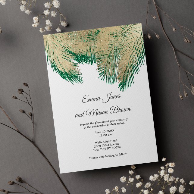 Invitation Luxueux palmier vert or Mariage tropical (Luxury gold green palm tree tropical Wedding )