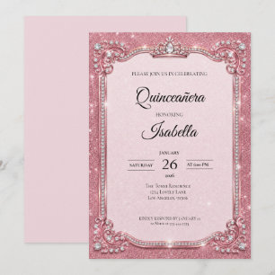 Invitation Luxueux Quinceañera Paillettes Roses Strass
