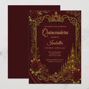 Invitation Luxueux Quinceañera Princesse Rouge & Or