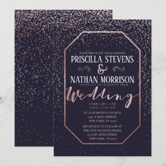Invitation Luxueux Rose Gold Confetti Mariage bleu marine