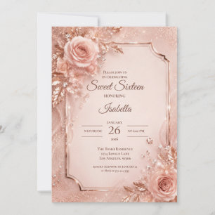 Invitation Luxueux Rose Pâle Or Floral Sweet 16