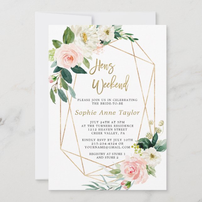 Invitation Luxueux Rose rose Floral Gold Bachelorette Week-en (Devant)