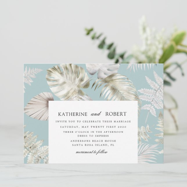 Invitation Luxueux Silver Tropical Foliage Mariage (Debout devant)