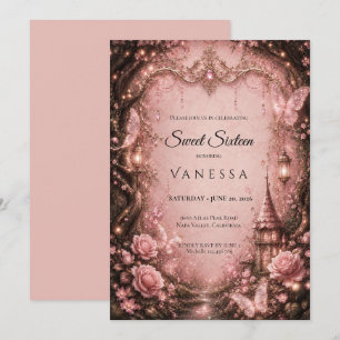 Invitation Luxueux Strass Roses Paillettes Sweet 16