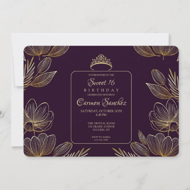 Invitation Luxueux Sweet sixteen Floral (Devant)