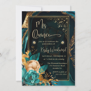 Invitation Luxueux Teal et Or Floral Agate Quinceanera