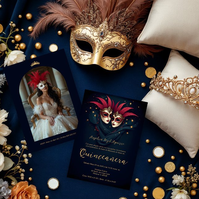 Invitation Luxurious Glam Venetian Mask Quinceañera Party (Luxurious Glam Two ornate Venetian masks with gold and feather accents set against a dark background)
