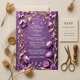 Invitation Luxury Baroque Opulent Purple Tulips Gold Wedding 