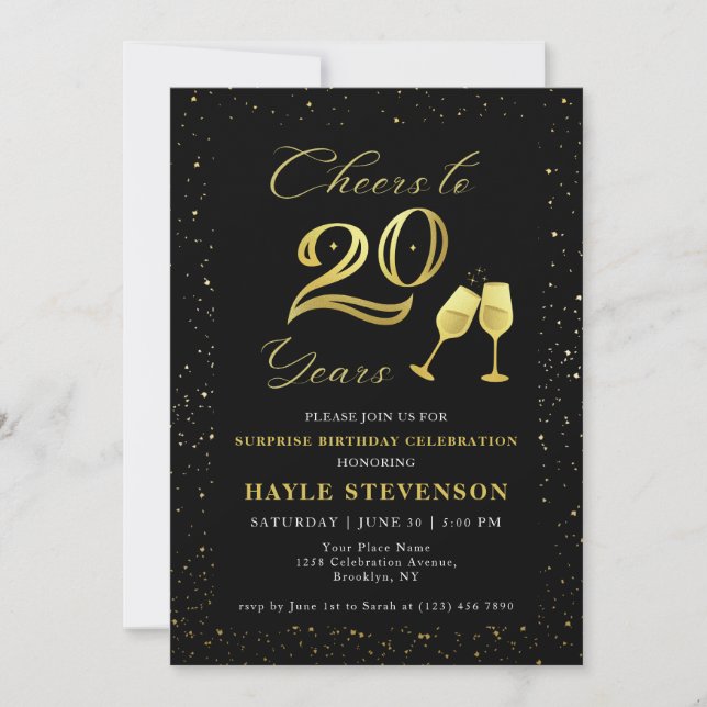 Invitation Luxury Black Gold Confetti encourage à 20e anniver (Devant)